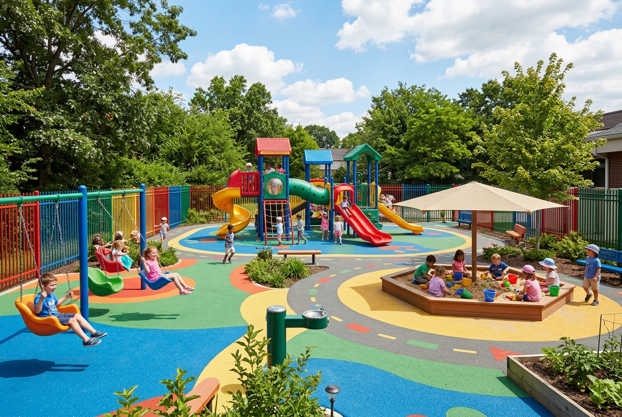 Spacious Green Playground & Sports Court